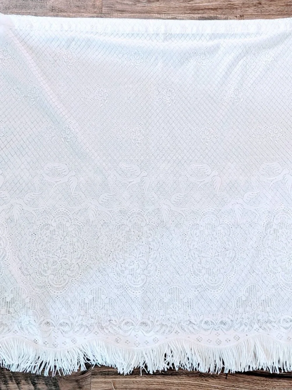 VTG Filet Crochet Lace Curtain Panel Valance White Dove Floral Fringe 176x46 BIG